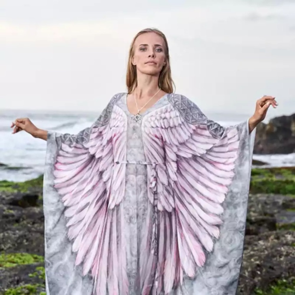 Amethyst Sheer Chiffon Angel Wings Feather Kaftan